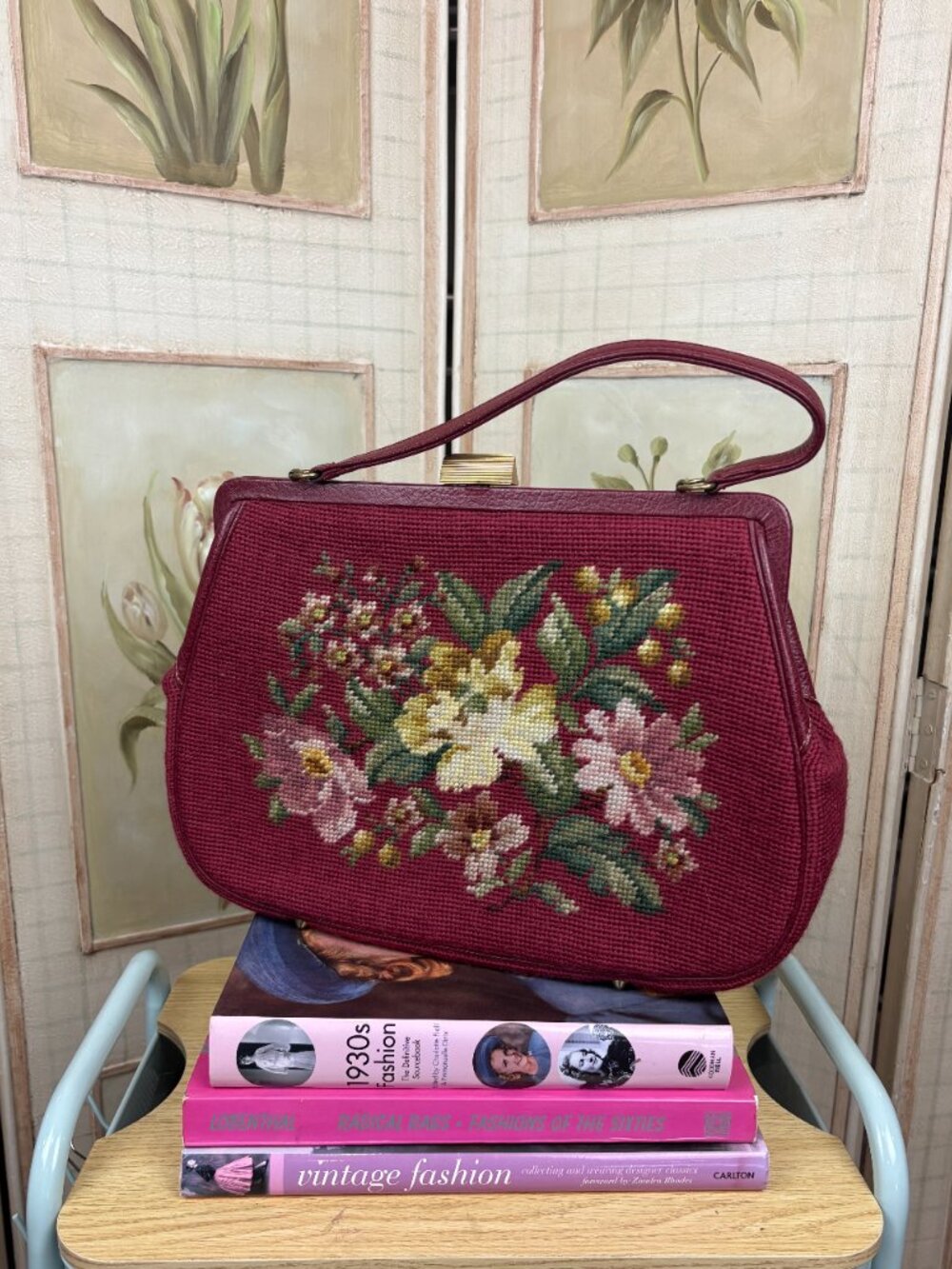 1950s/60s Floral Needlepoint Purse, Burgundy
